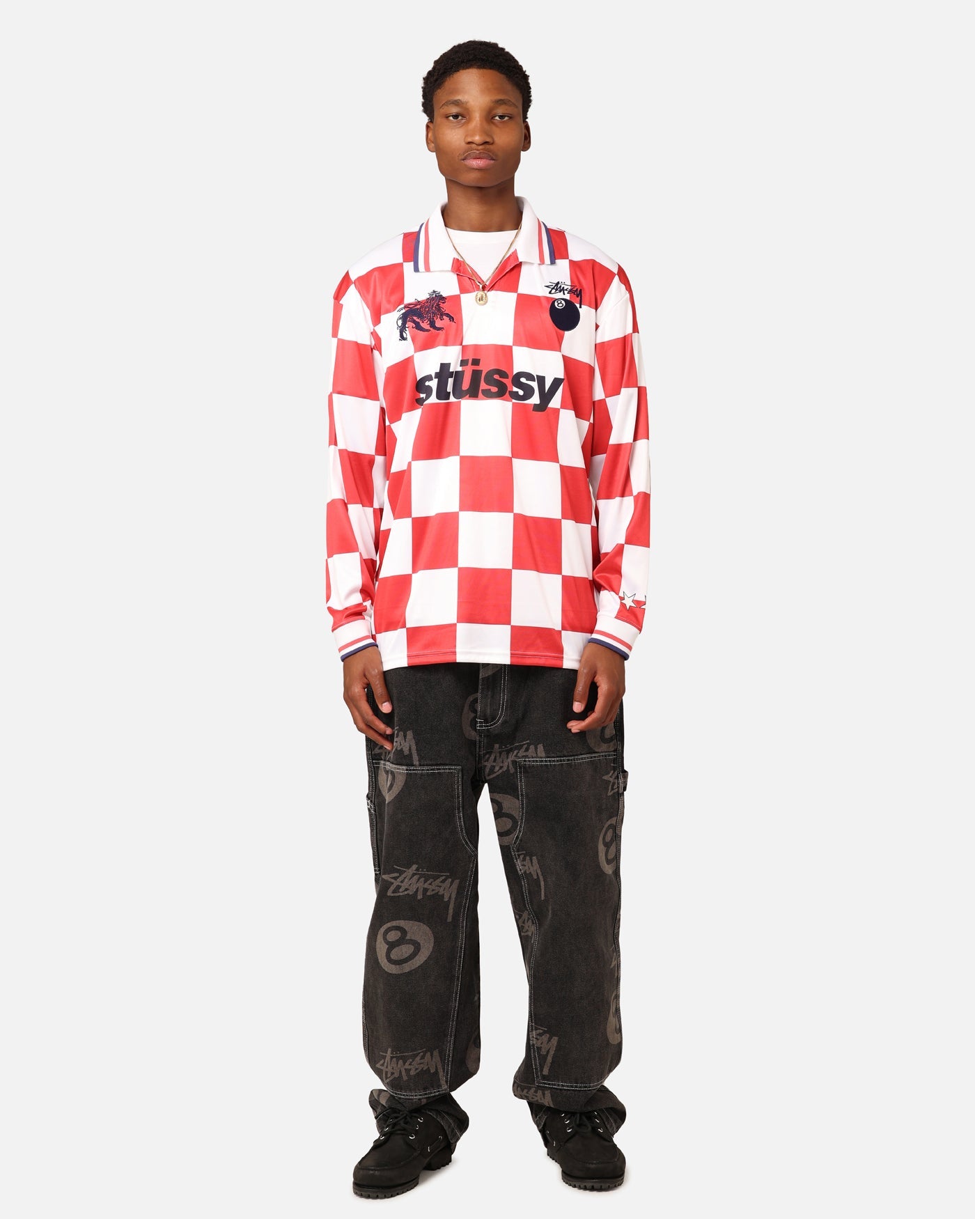 Stüssy Football Polo Long Sleeve T-Shirt White/Red Check
