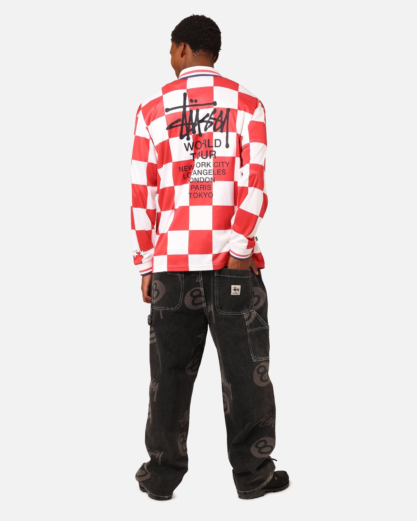 Stüssy Football Polo Long Sleeve T-Shirt White/Red Check