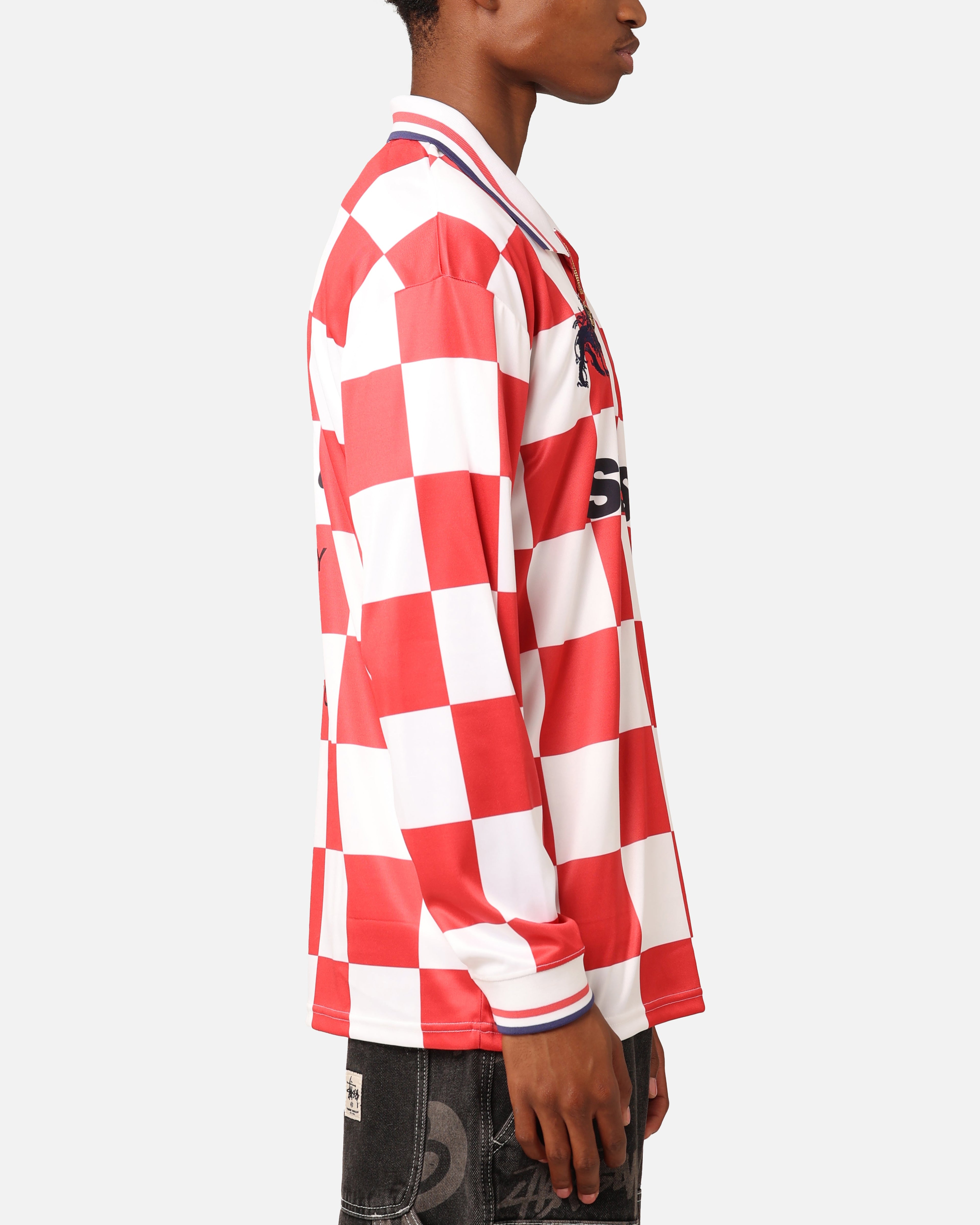 Stüssy Football Polo Long Sleeve T-Shirt White/Red Check
