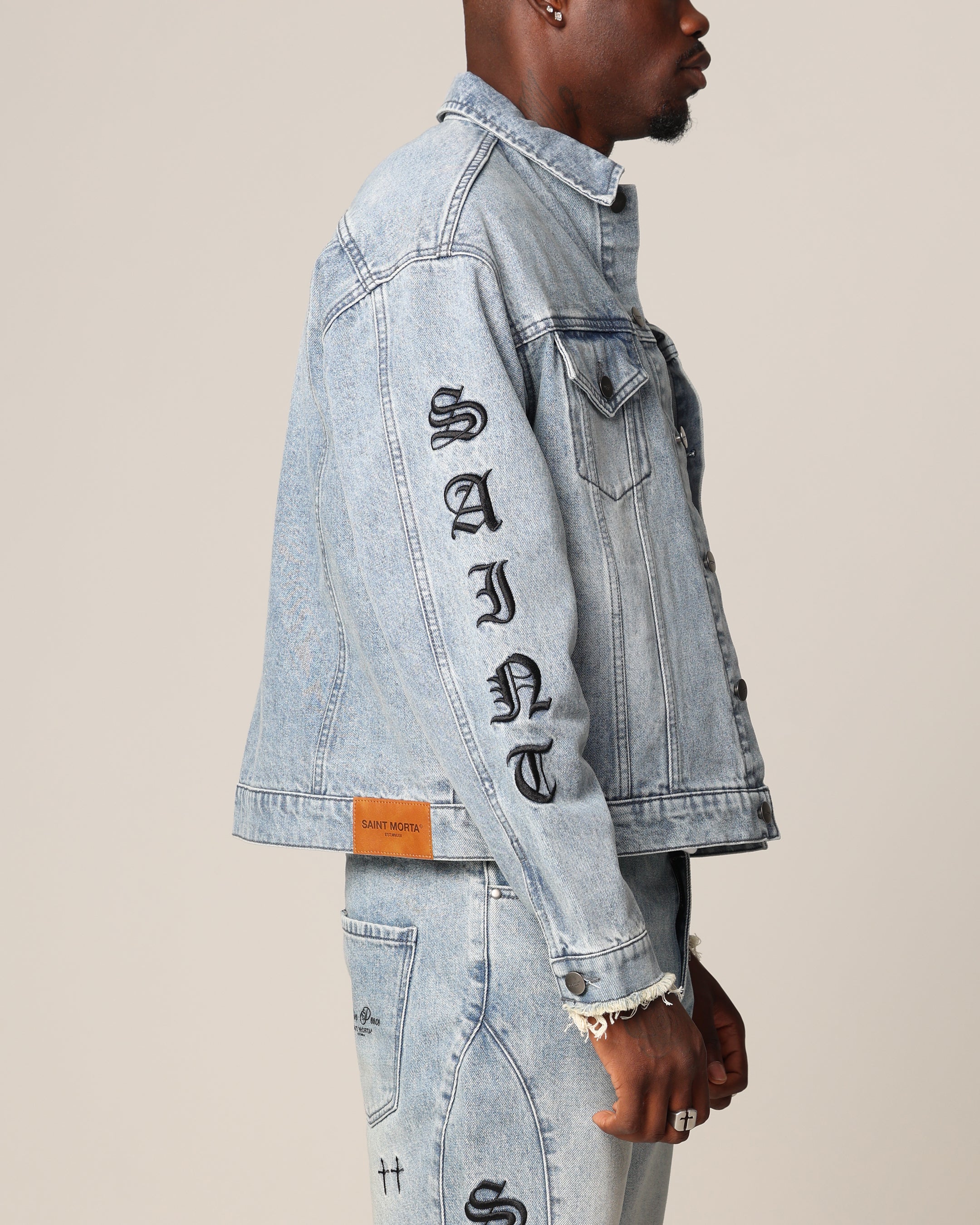 Saint Morta Rip Gothic Cutoff Denim Jacket Superwash Blue