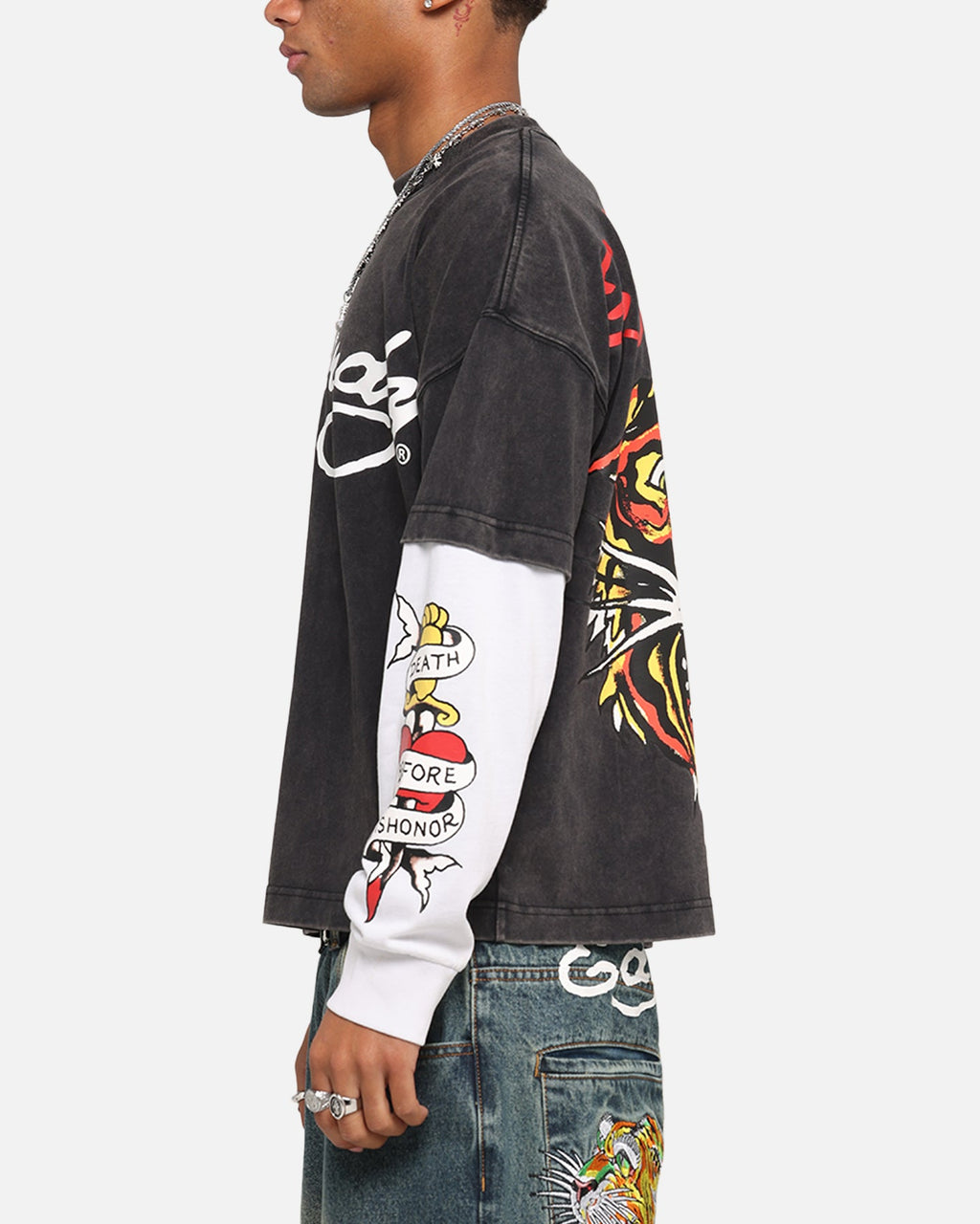 Ed Hardy Tiger Layered Long Sleeve T-Shirt Black