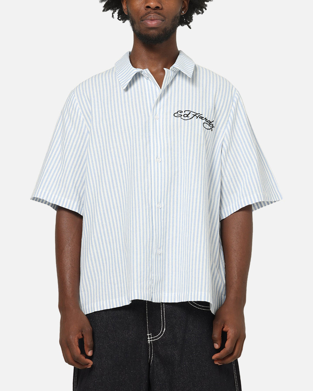 Ed Hardy Panther Button-Up Shirt Blue Pin Stripe