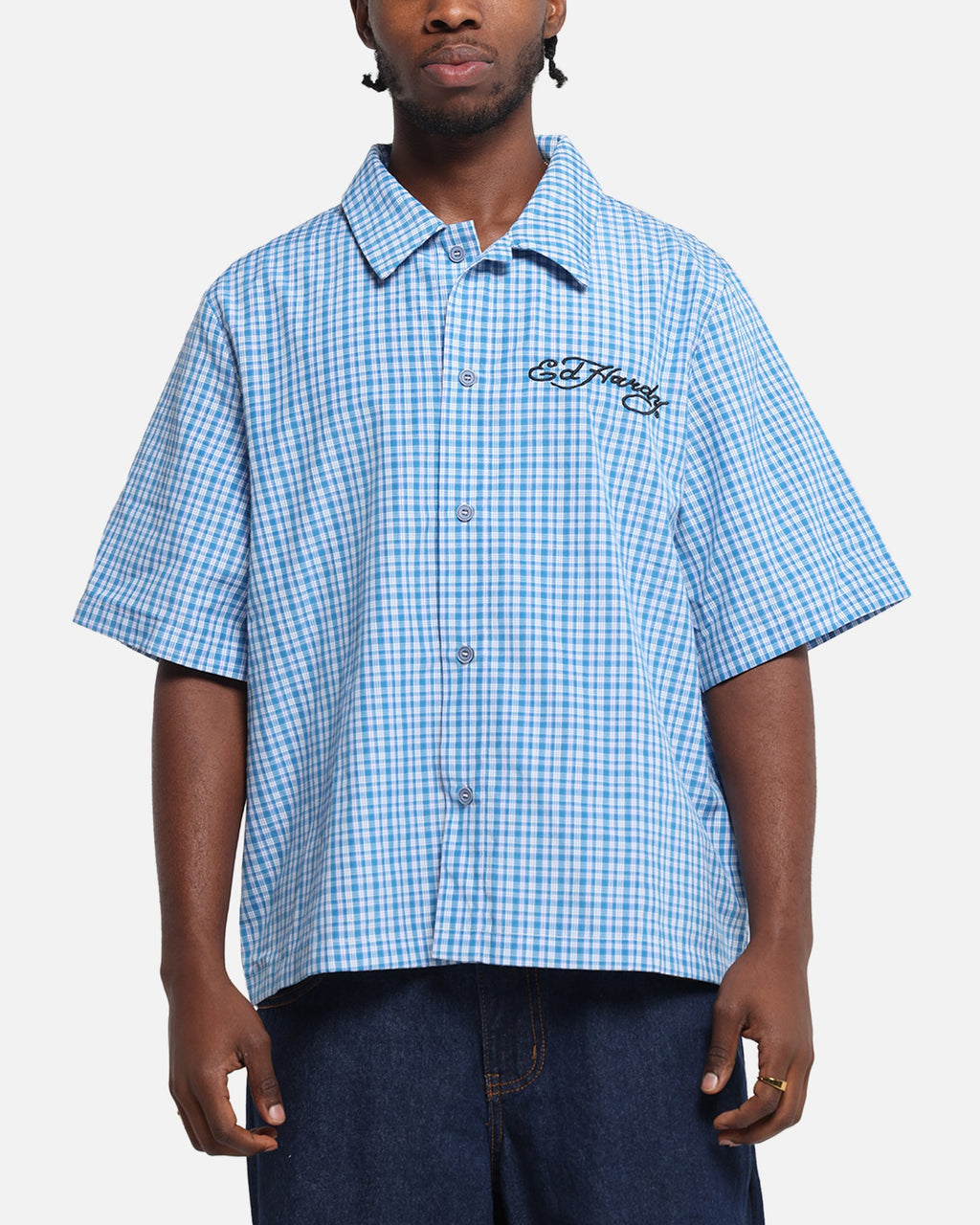 Ed Hardy Panther Button-Up Shirt Blue