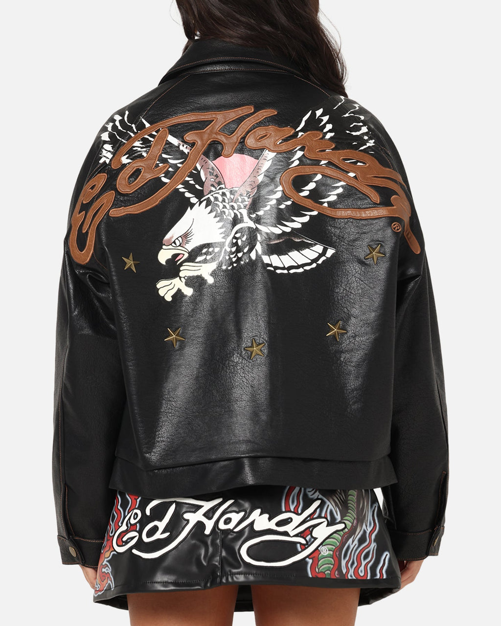 Ed Hardy Women's Vegan Leather Bomber Jacket Black