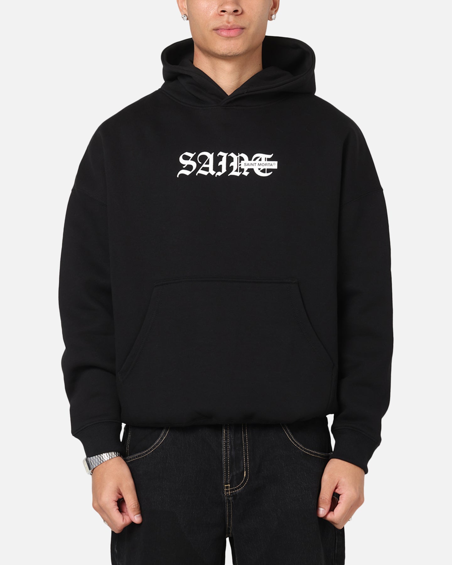 Saint Morta Gothic Stack Boxy Hoodie Black