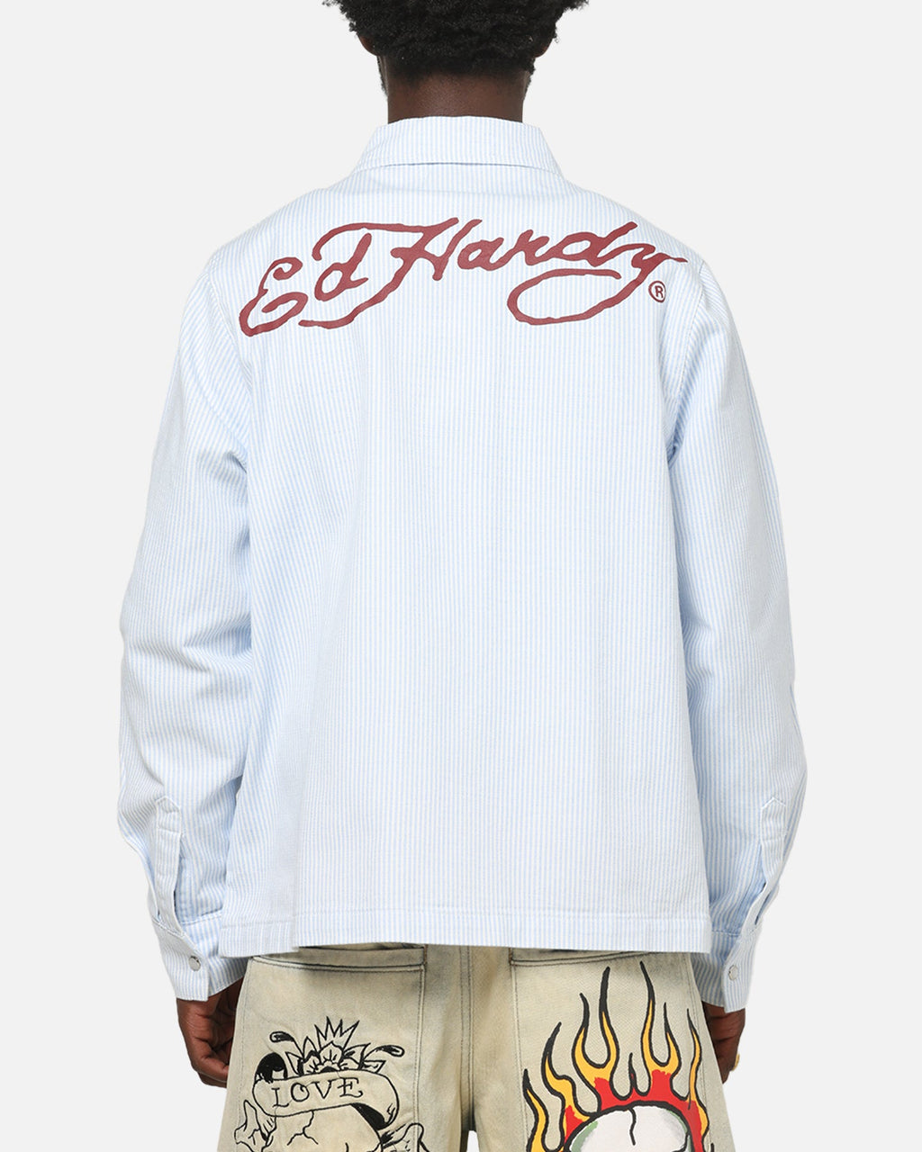 Ed Hardy Euro Button Up Shirt Blue Pinstripe