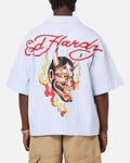 Ed Hardy Flame Stripe Button Up Shirt Blue Pin Stripe