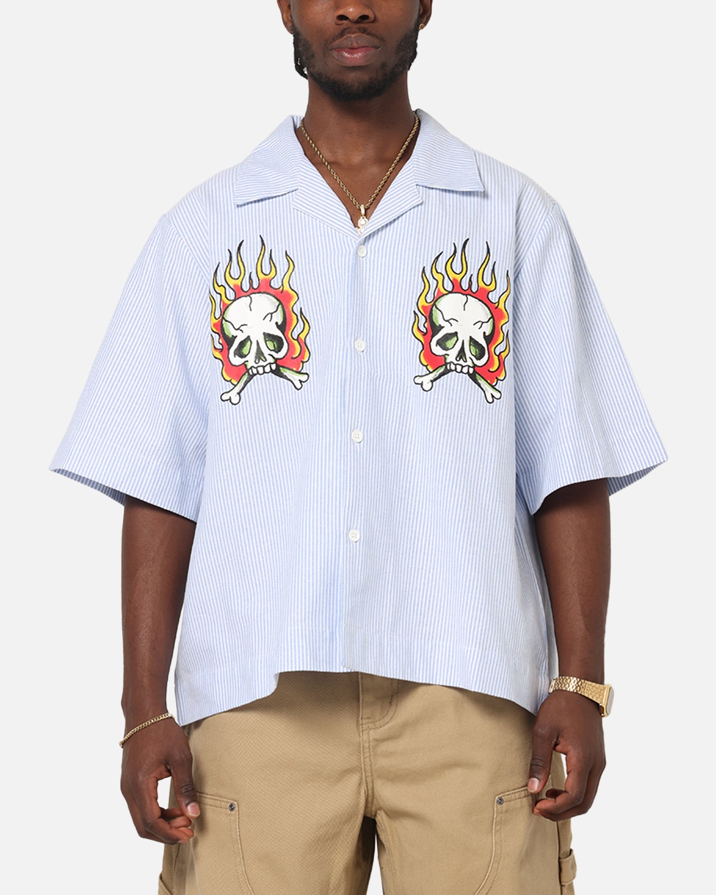 Ed Hardy Flame Stripe Button Up Shirt Blue Pin Stripe