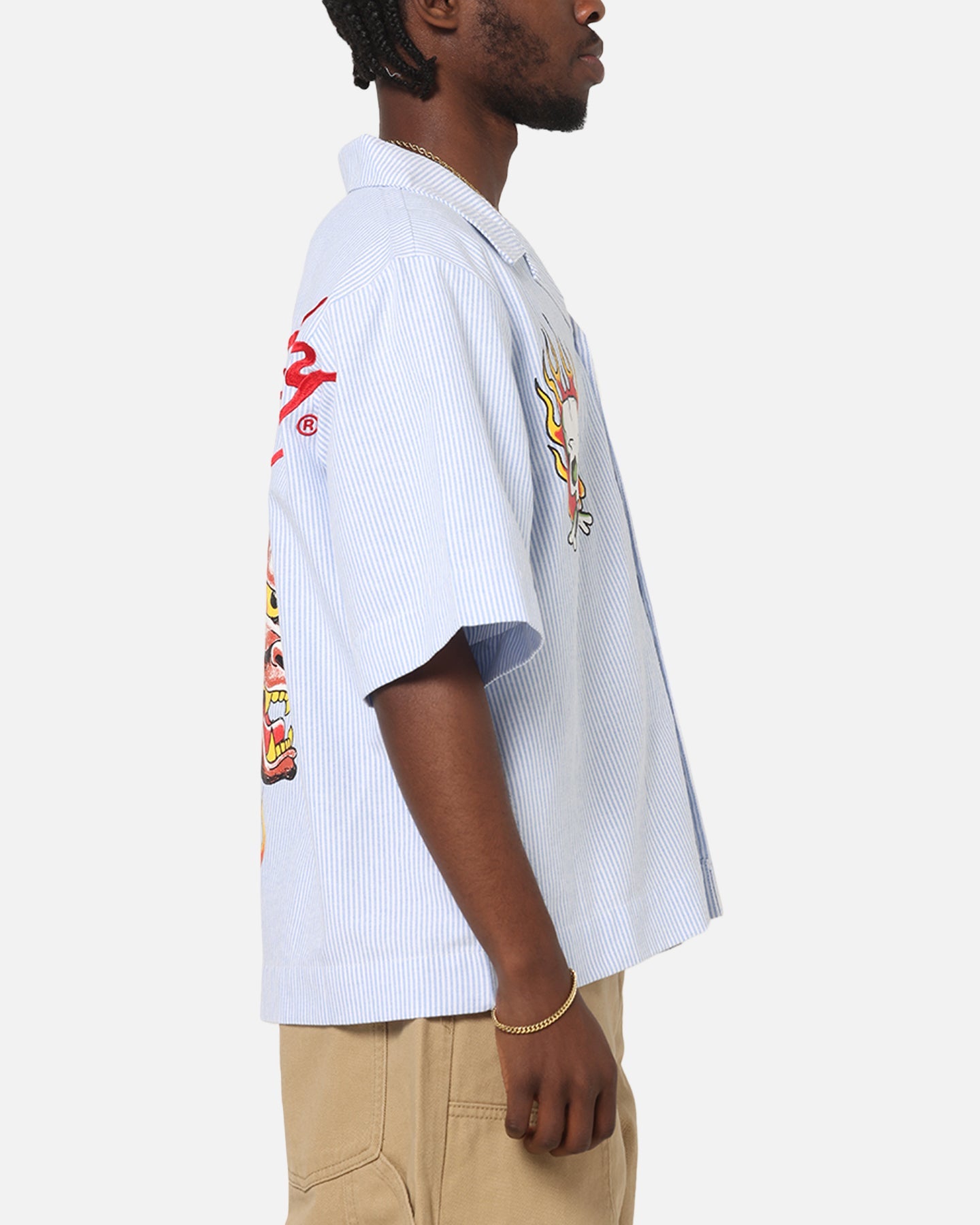 Ed Hardy Flame Stripe Button Up Shirt Blue Pin Stripe
