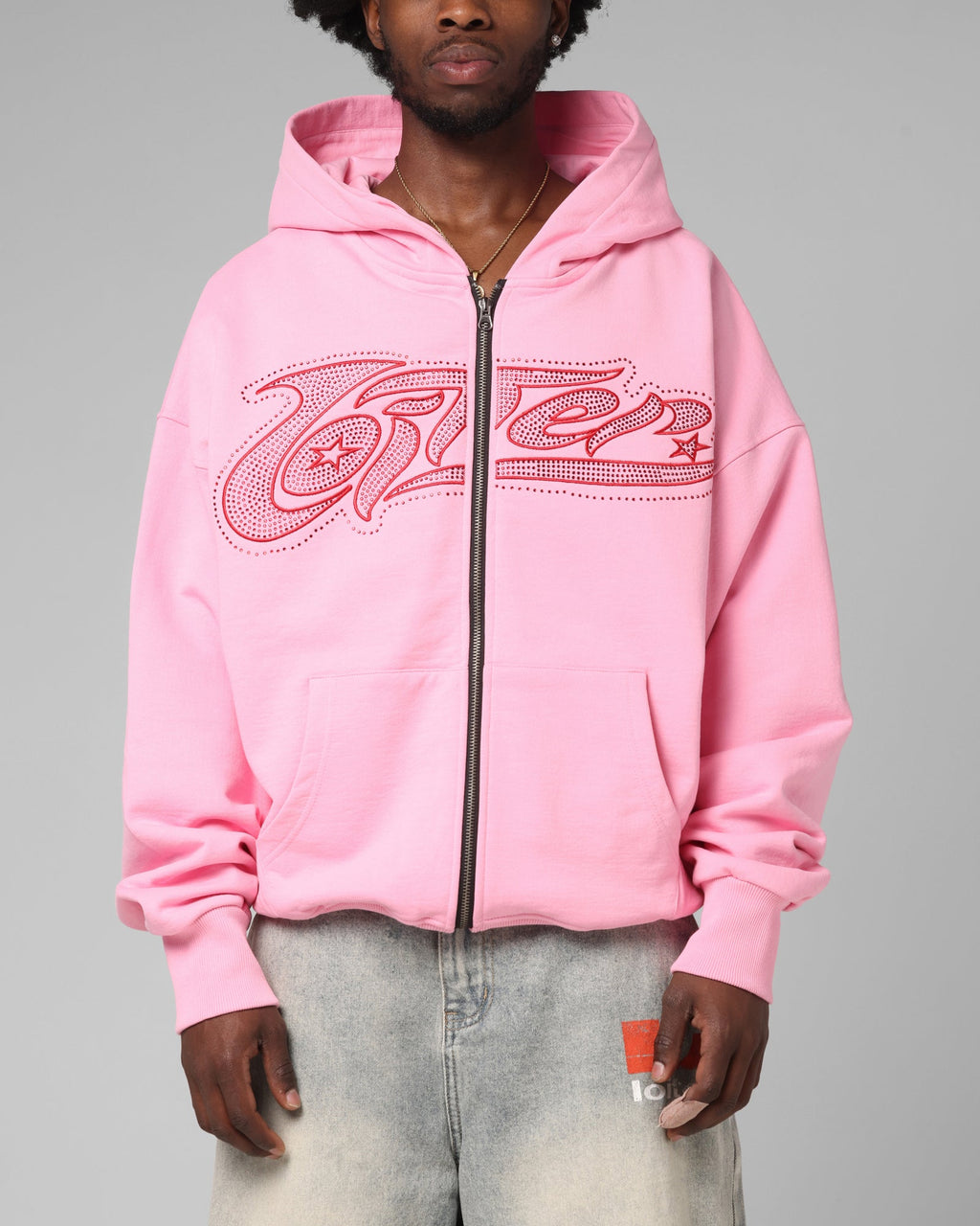 Loiter Silicone Rhinestone Zip Hoodie Pink