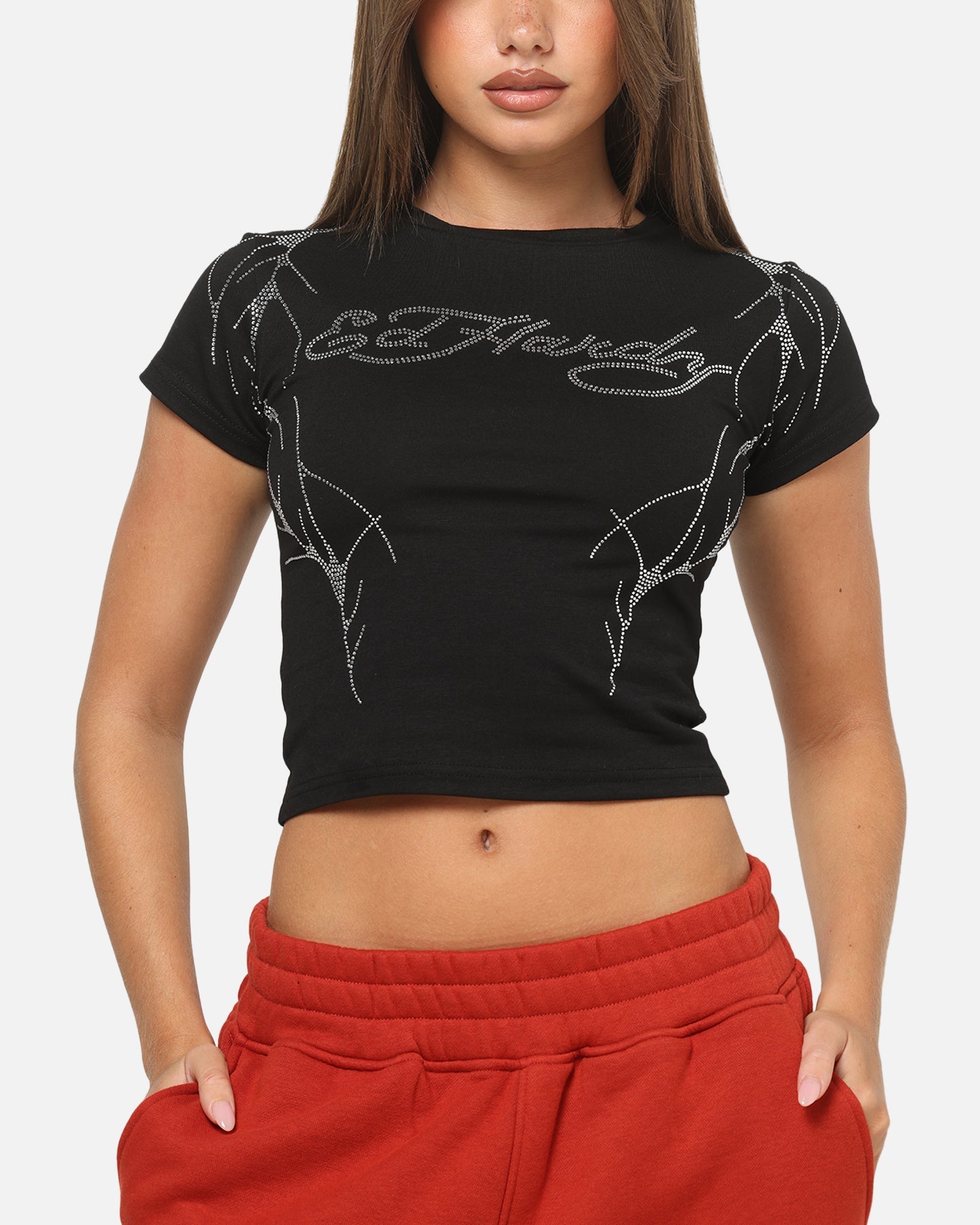 Ed Hardy Women's Cyber Rhinestone Baby T-Shirt Black