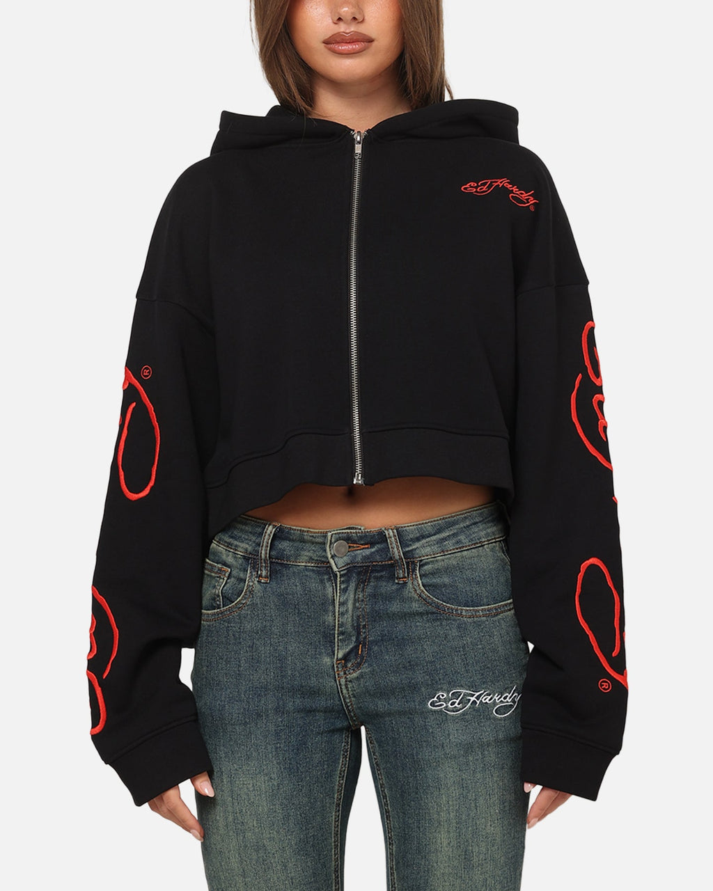 Ed Hardy Women's Afterburn Cropped Hoodie Black/Red