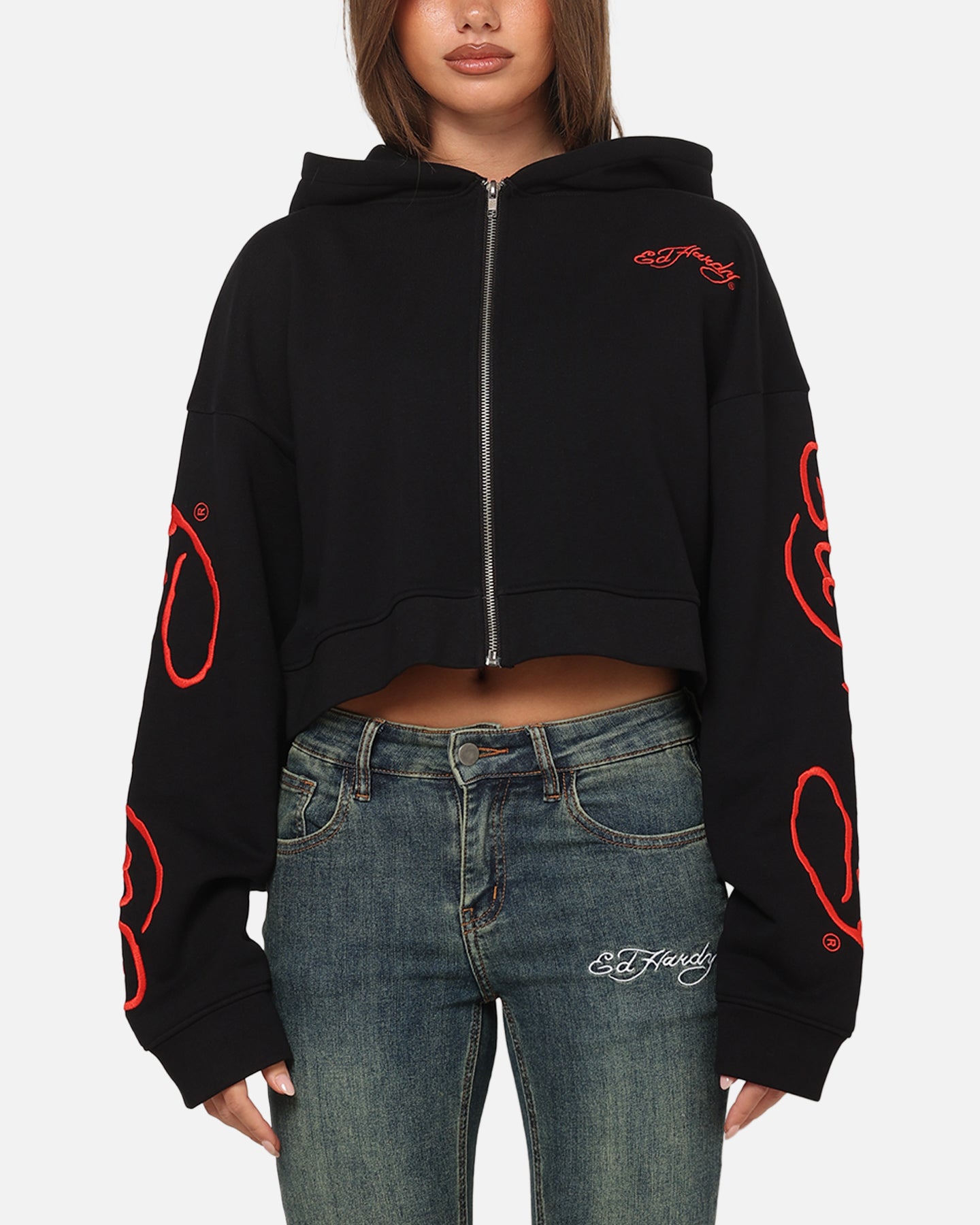 Ed Hardy Women's Afterburn Cropped Hoodie Black/Red