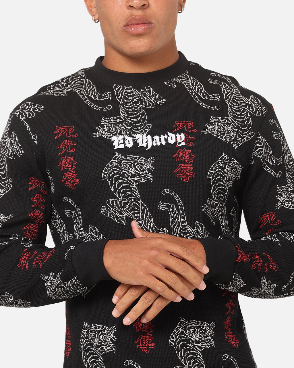 Ed Hardy Tiger Waffle Long Sleeve T-Shirt Black