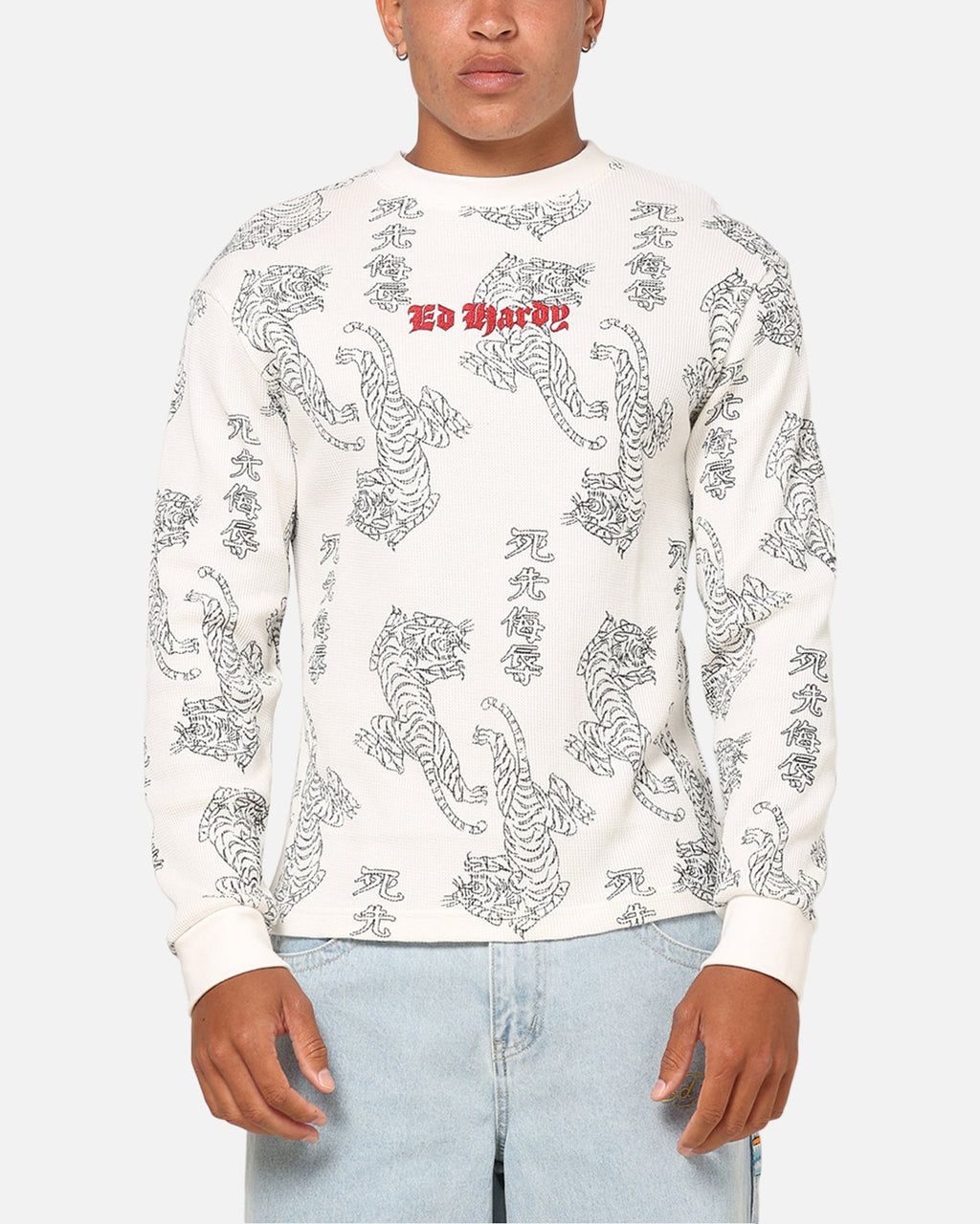 Ed Hardy Tiger Waffle Long Sleeve T-Shirt Off White