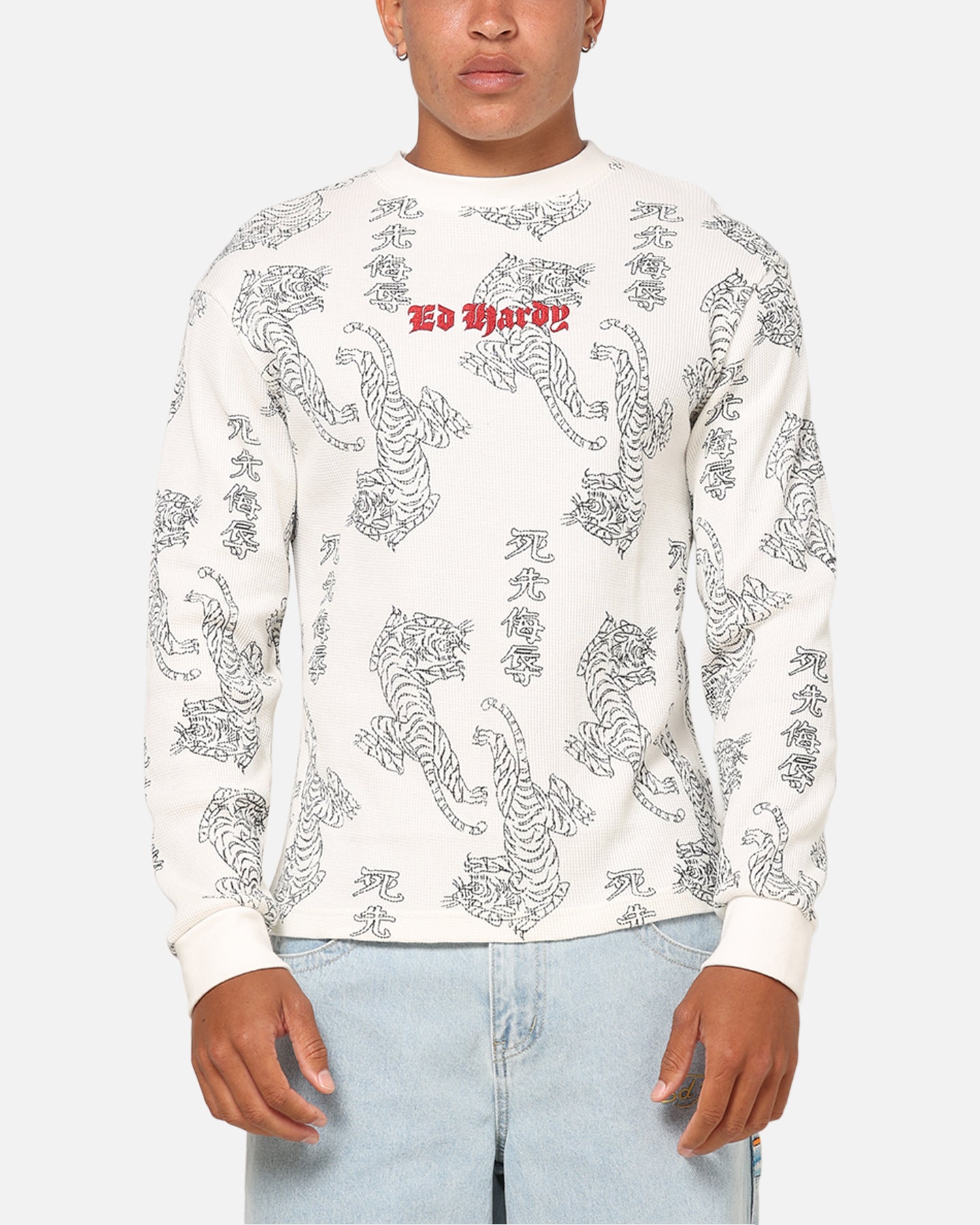Ed Hardy Tiger Waffle Long Sleeve T-Shirt Off White