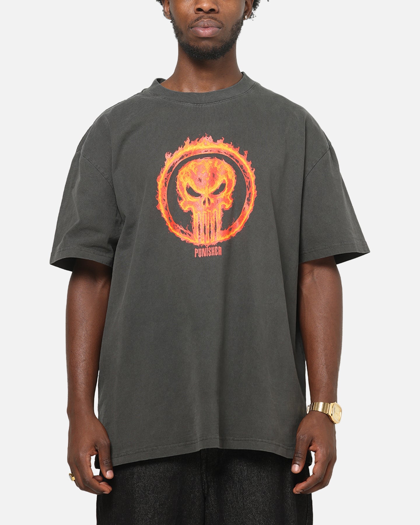 73Studio Marvel Punisher Flames Heavy T-Shirt Black Wash