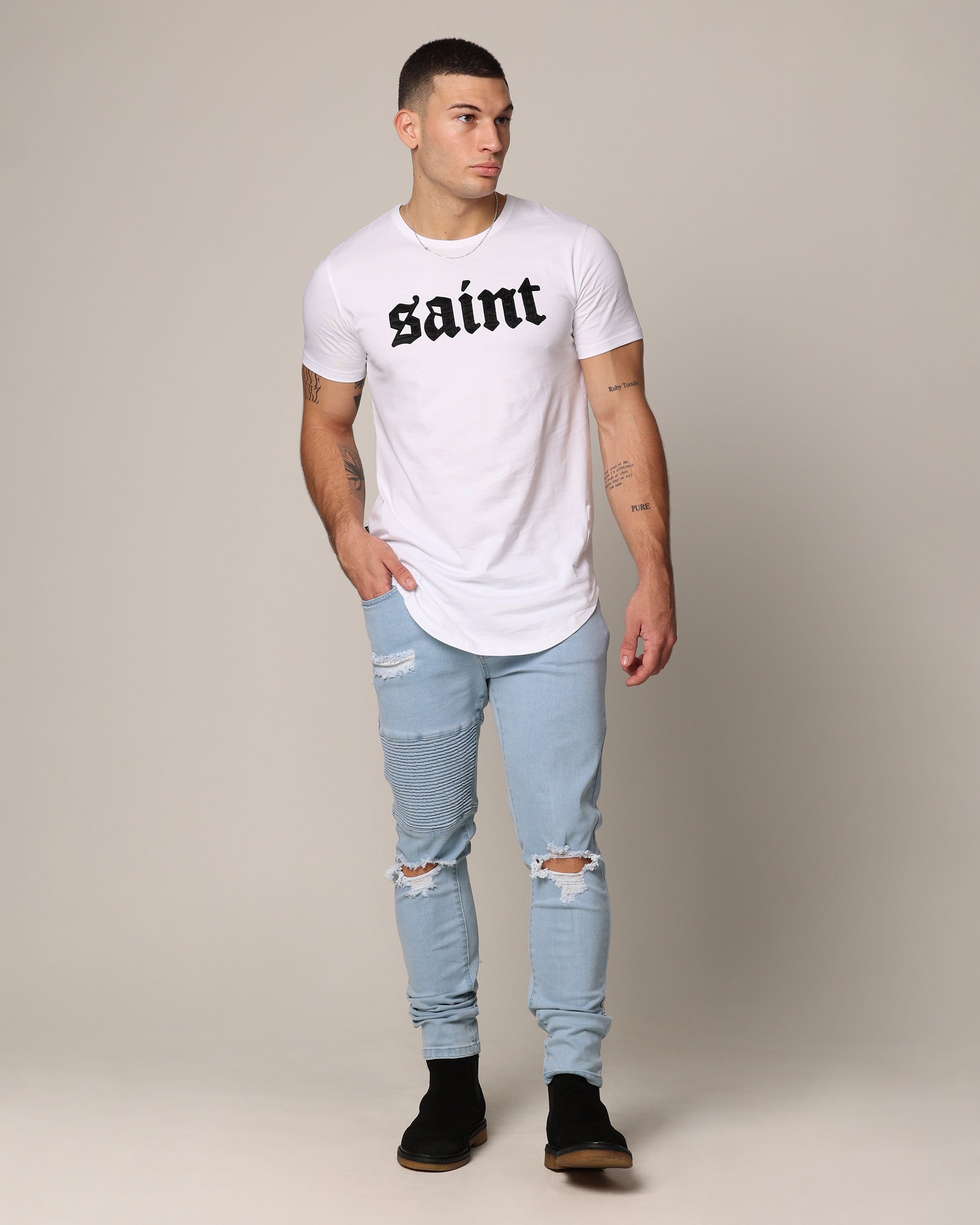 Saint Morta Men's Index Distressed Biker Jeans Light Blue