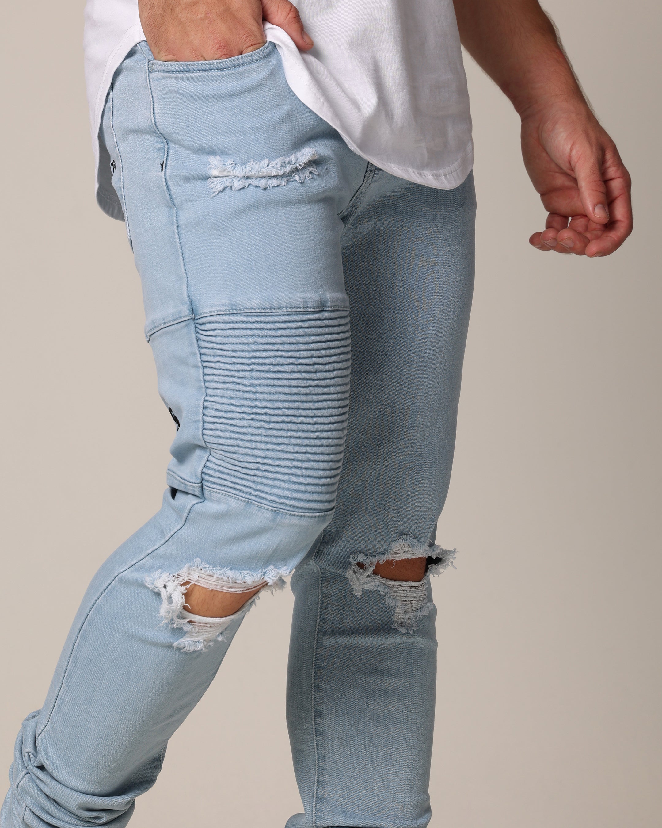 Saint Morta Men's Index Distressed Biker Jeans Light Blue