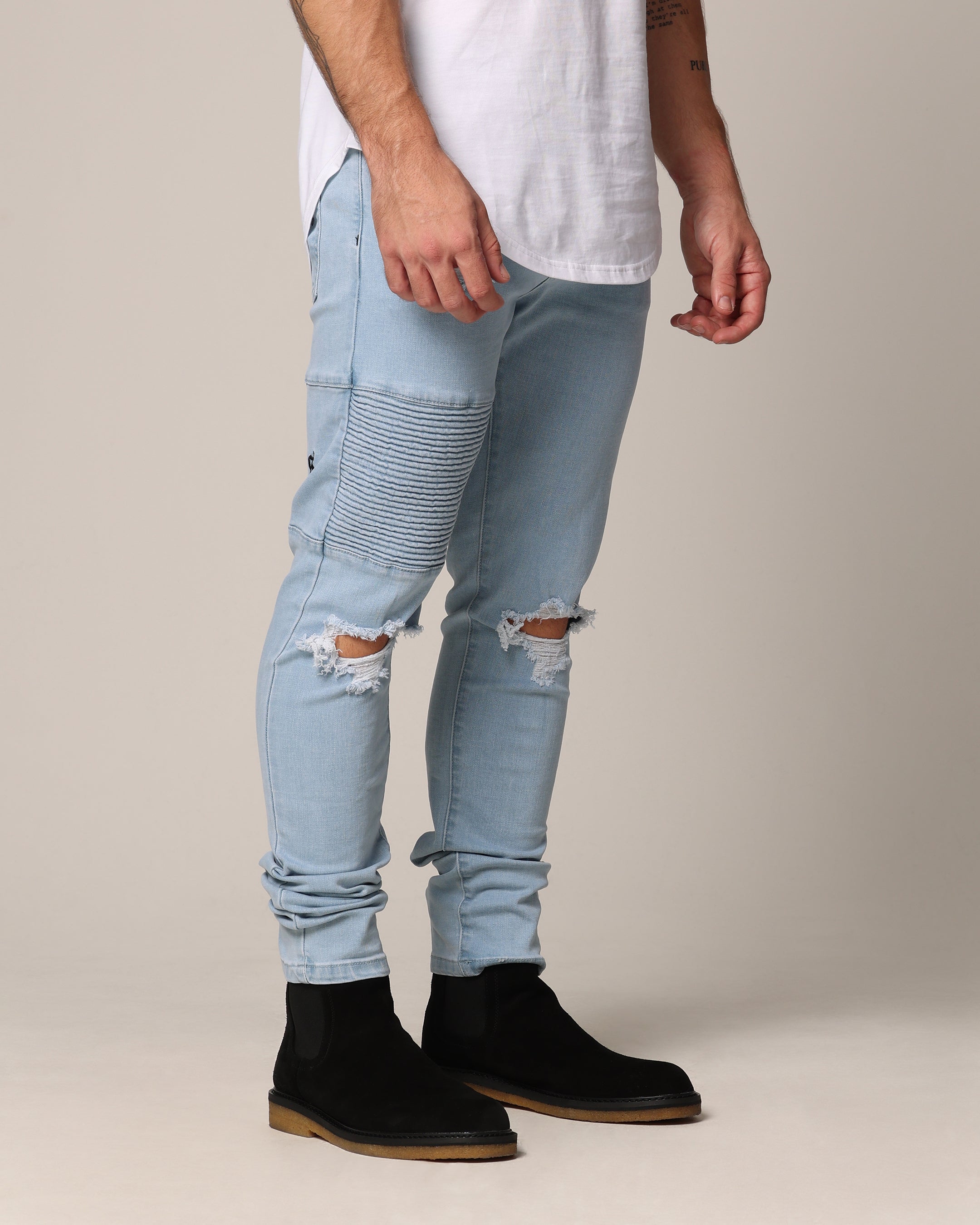 Saint Morta Men's Index Distressed Biker Jeans Light Blue