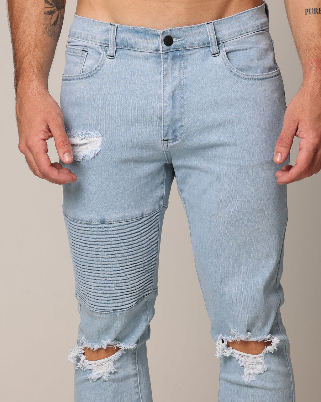 Saint Morta Men's Index Distressed Biker Jeans Light Blue
