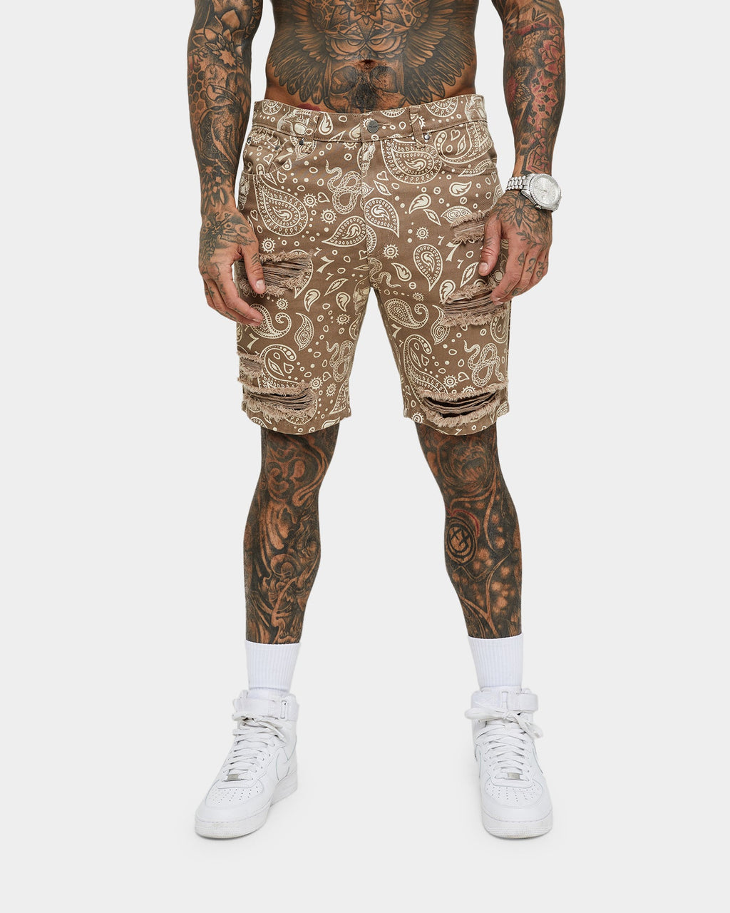 Saint Morta Paisley Skulls Denim Shorts Vintage Brown