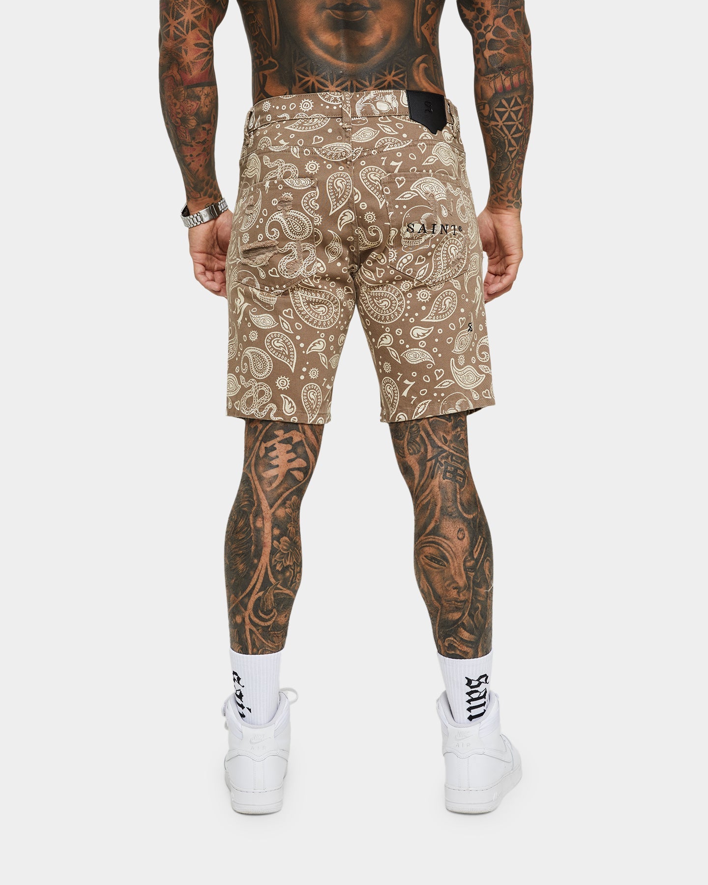 Saint Morta Paisley Skulls Denim Shorts Vintage Brown