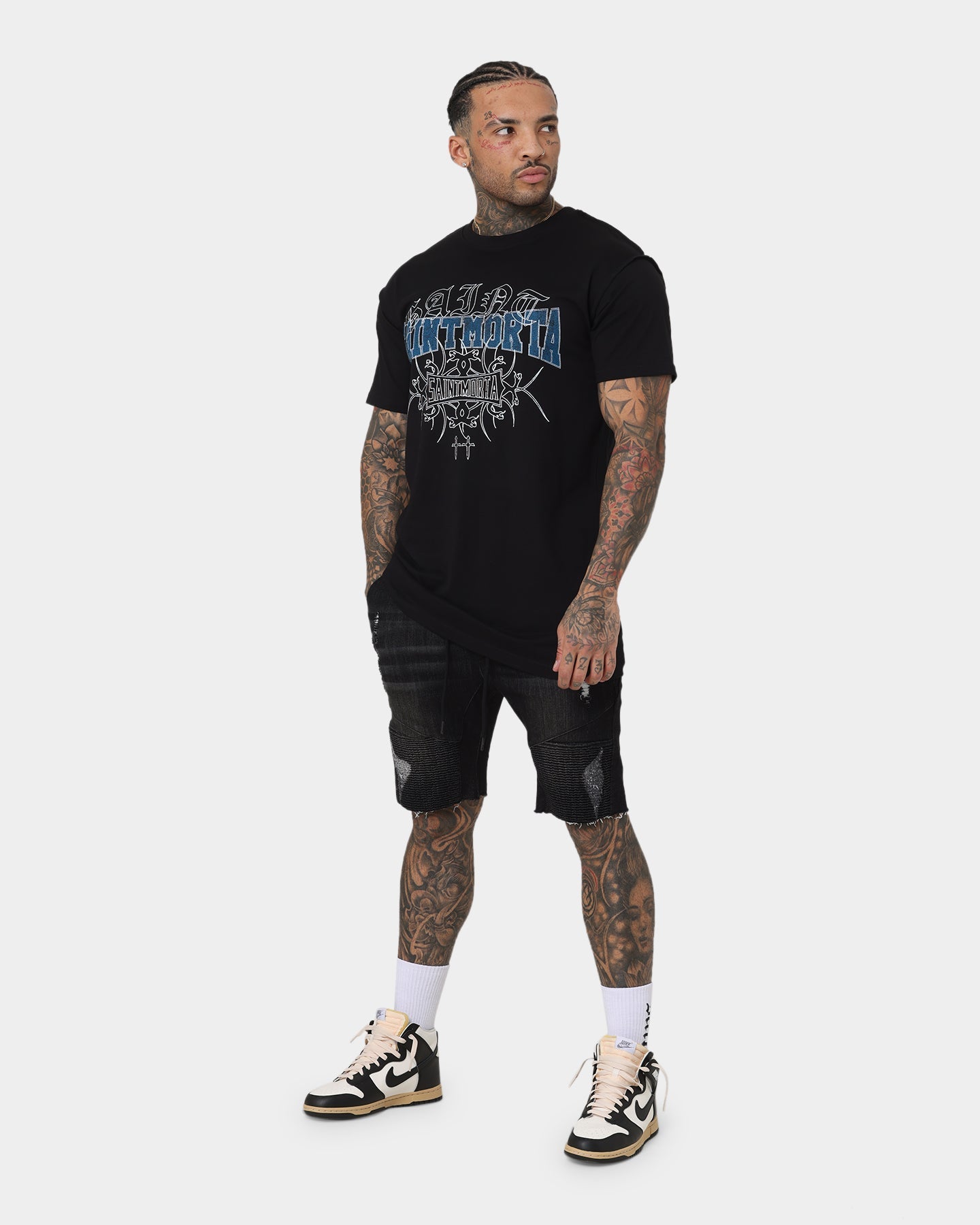 Saint Morta United Distressed Biker Shorts Black Stonewash