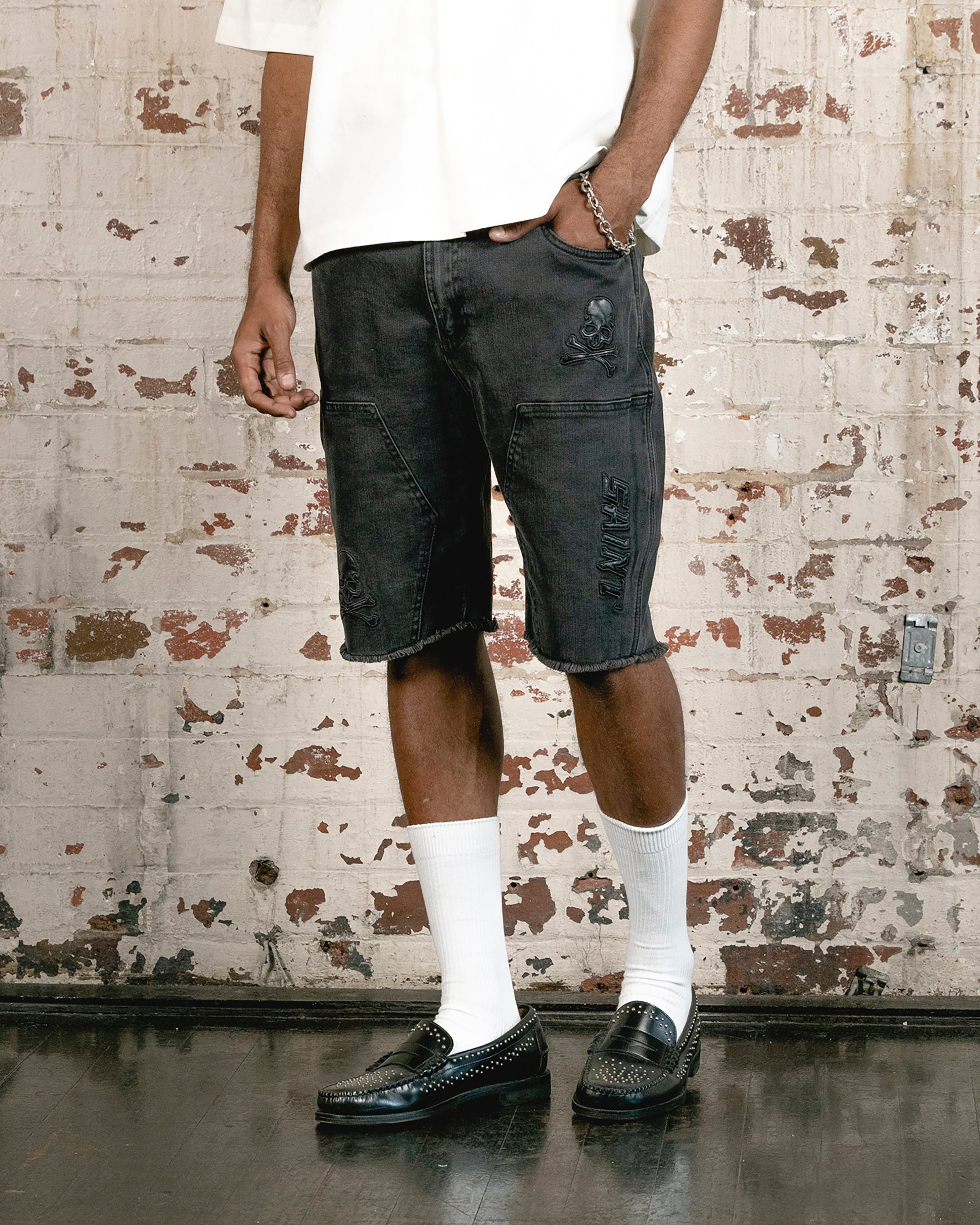 Saint Morta Skull And Bones Denim Shorts Vintage Black