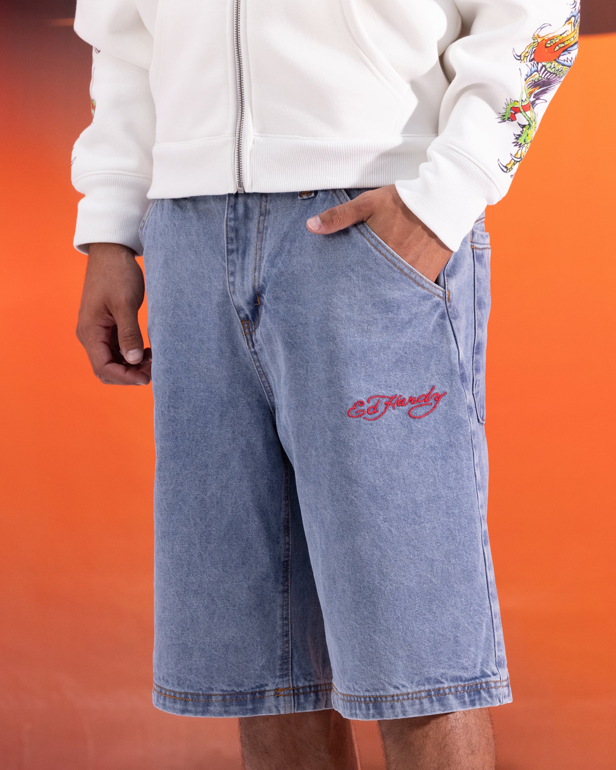Ed Hardy Geisha Jorts Light Wash Blue