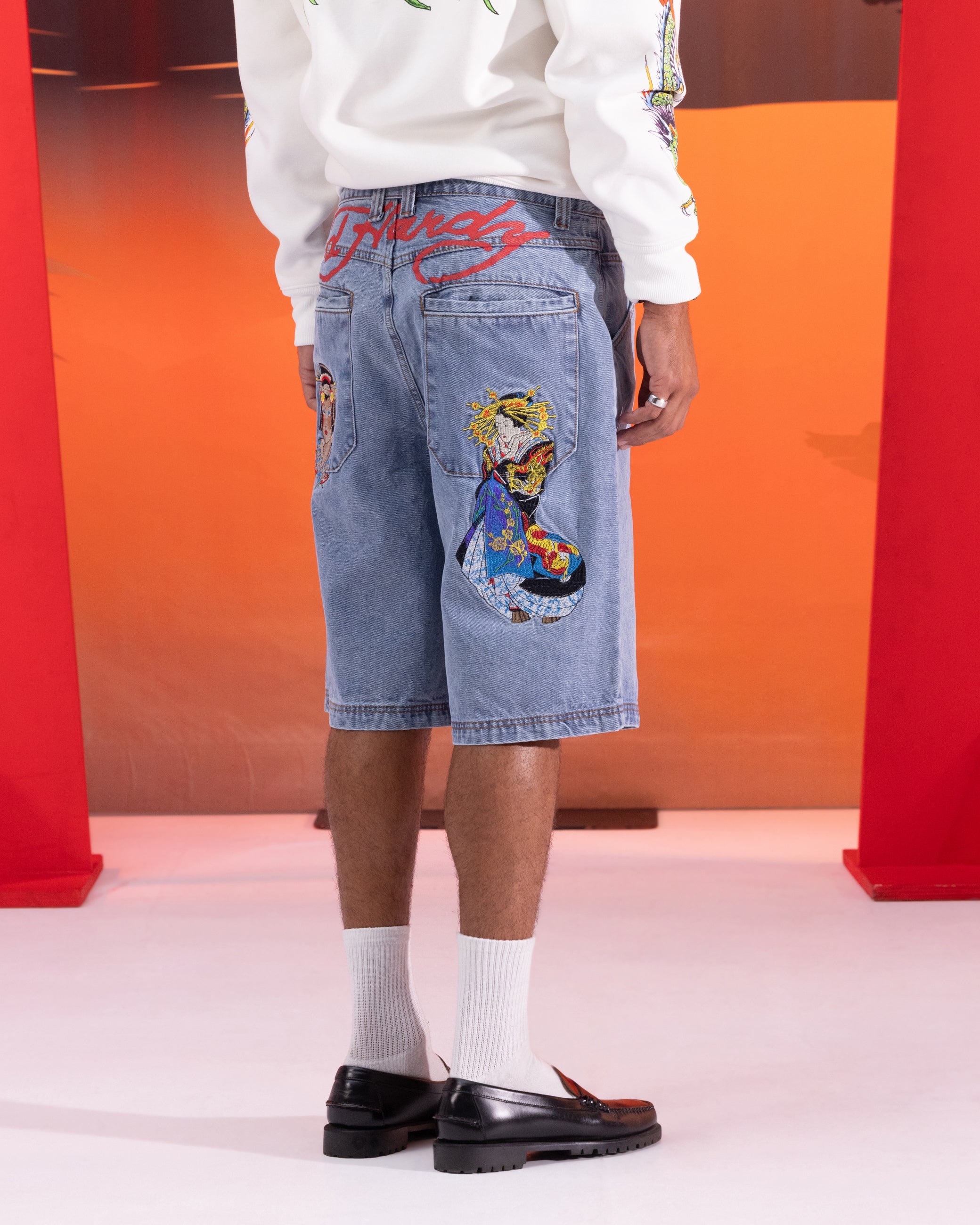 Ed Hardy Geisha Jorts Light Wash Blue