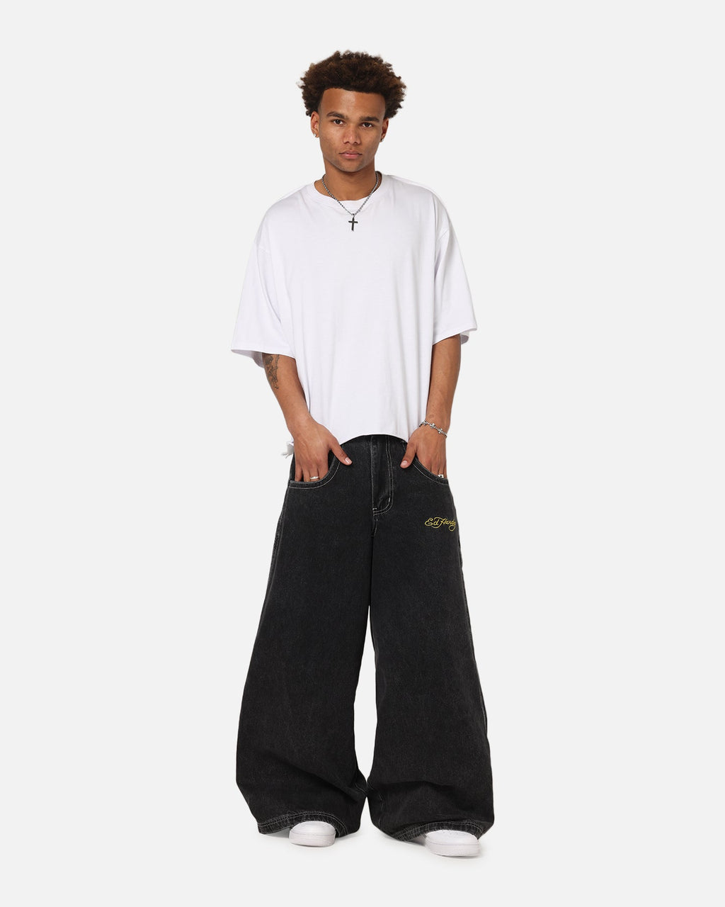 Ed Hardy Ultra Wide Leg Denim Jeans Black/Yellow
