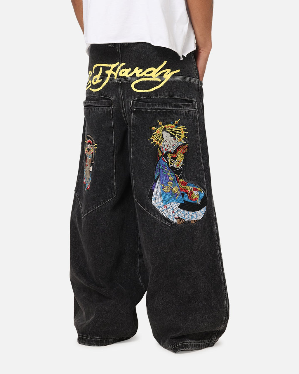 Ed Hardy Ultra Wide Leg Denim Jeans Black/Yellow