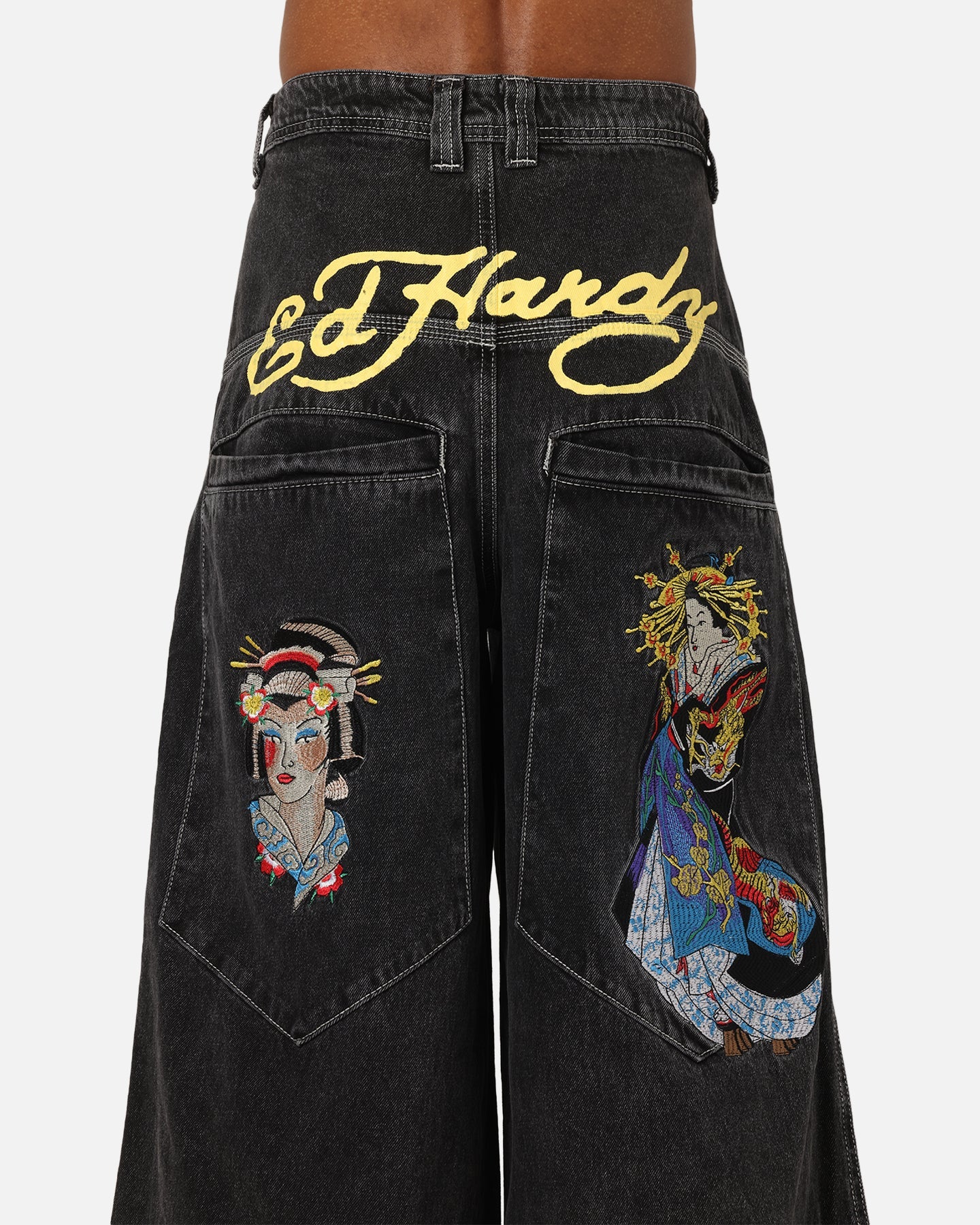 Ed Hardy Ultra Wide Leg Denim Jeans Black/Yellow