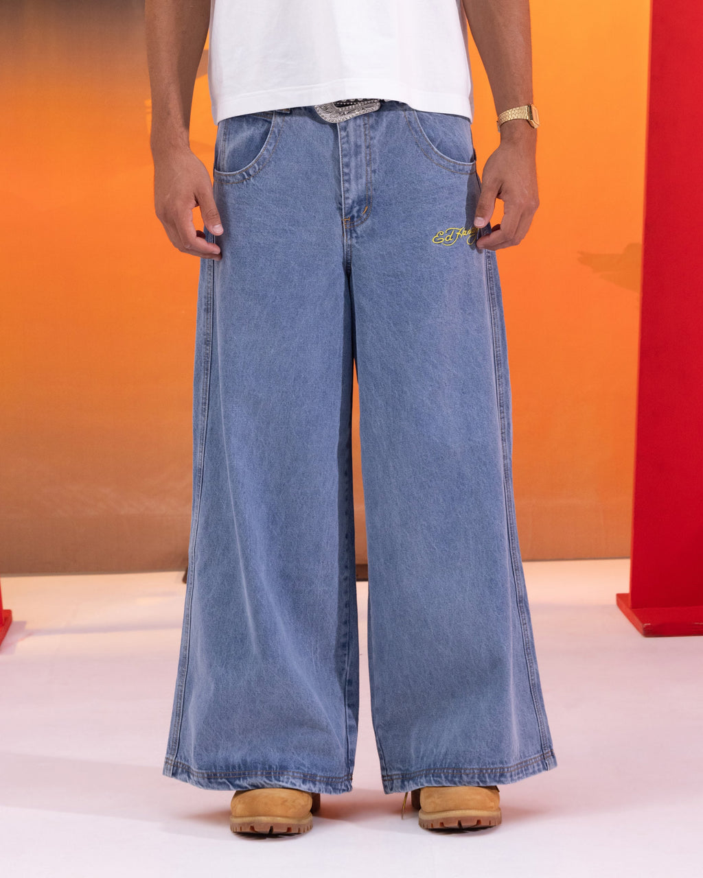 Ed Hardy Ultra Wide Leg Denim Jeans Light Wash Blue