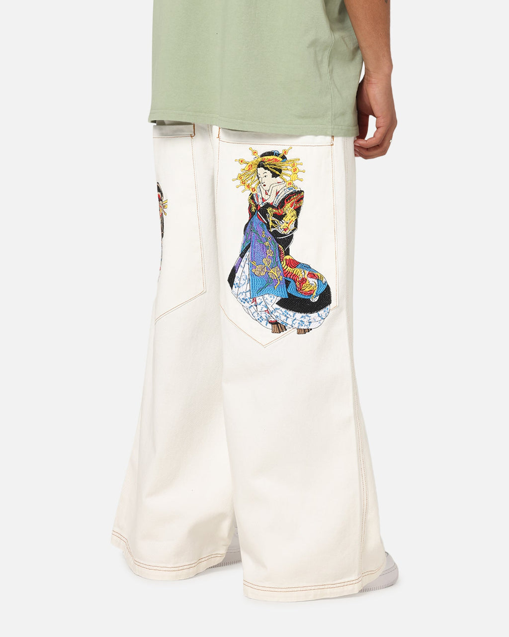 Ed Hardy Ultra Wide Leg Denim Jeans Off White/Yellow