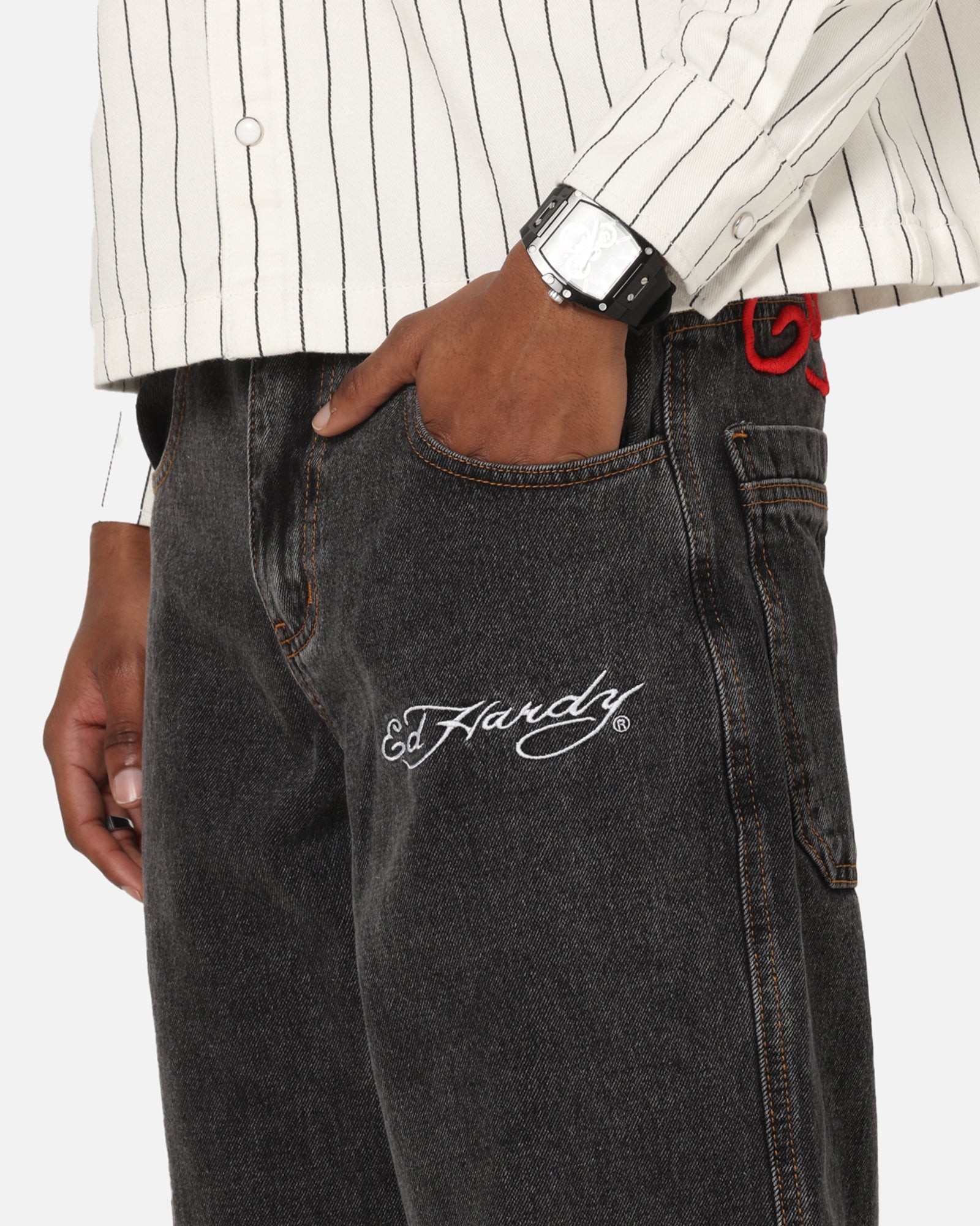 Ed Hardy Shinjuku Jorts Black Pinstripe