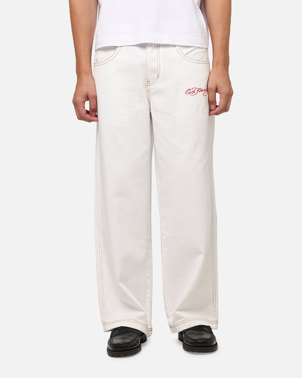 Ed Hardy Dragon Wide Leg Denim Jeans Off White