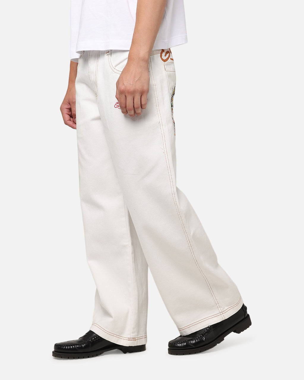 Ed Hardy Dragon Wide Leg Denim Jeans Off White