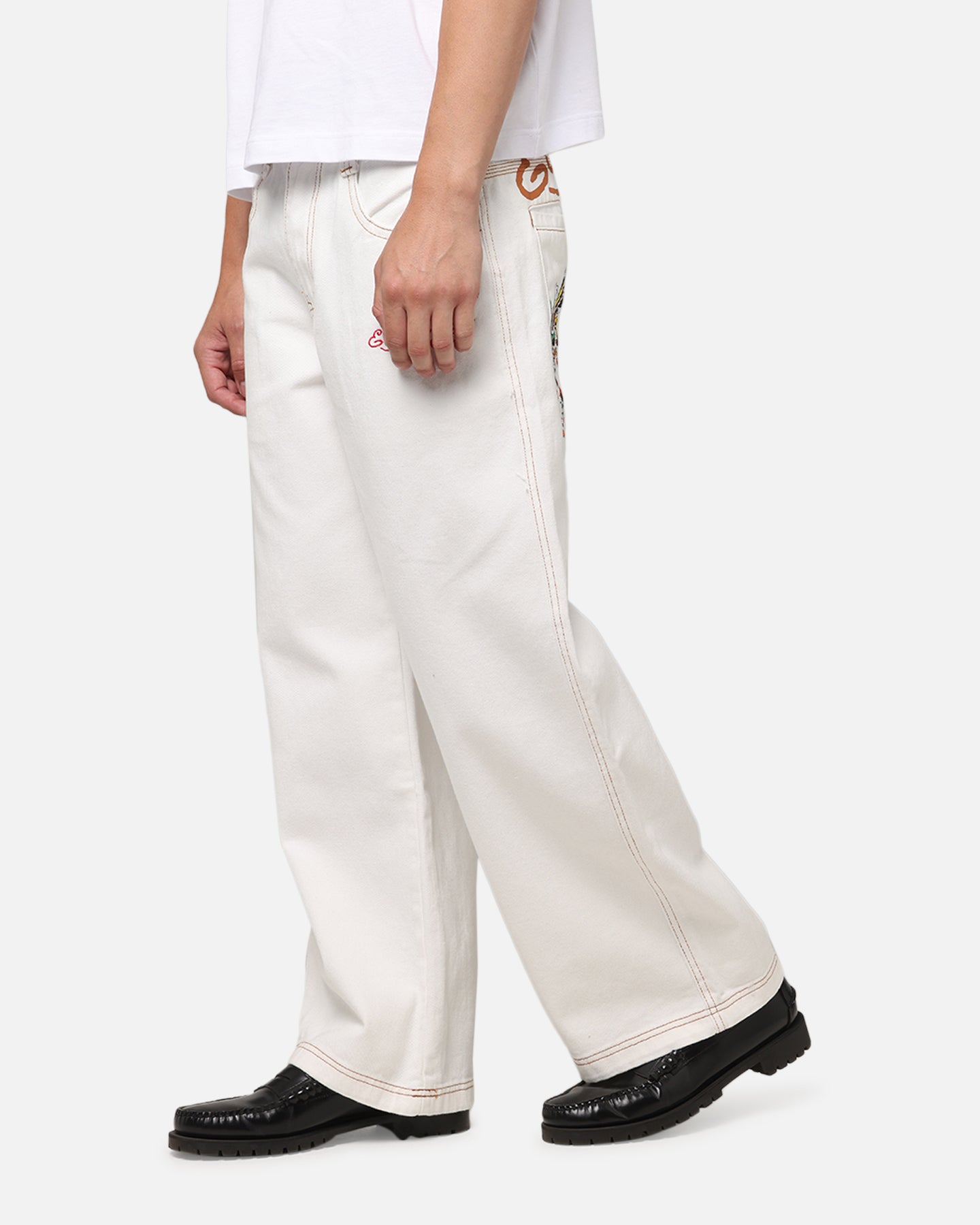 Ed Hardy Dragon Wide Leg Denim Jeans Off White