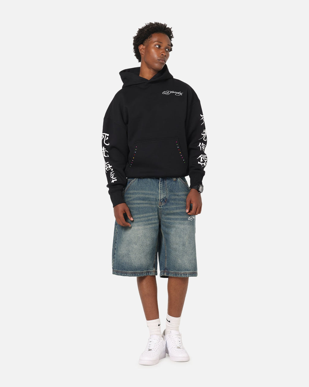 Ed Hardy Brave Hearts Jorts Washed Indigo