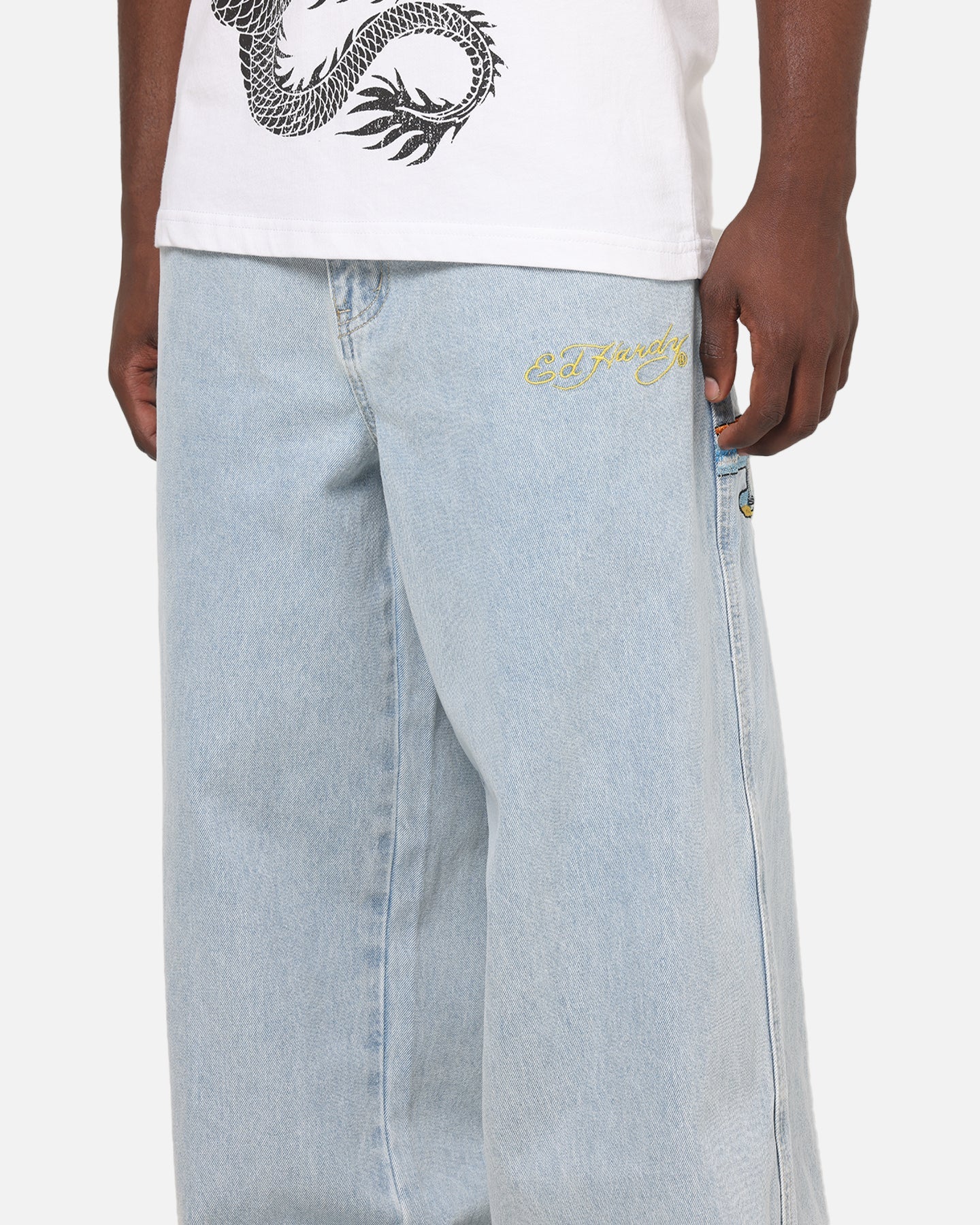 Ed Hardy Dragon Ultra Wide Leg Jeans Light Wash Blue
